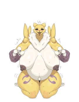 1girls 3_fingers anthro anthro_only areolae bandai_namco belly big_belly big_breasts black_sclera blush bodily_fluids breasts breasts_bigger_than_head bridal_gauntlets canid canine claws digimon digimon_(species) female female_anthro female_only fox front_view fur furry furry_female furry_only hi_res im51nn5 large_breasts looking_at_viewer mammal markings mature mature_anthro mature_female milf navel nipples nude nude_female open_mouth pregnant ready_to_pop renamon sagging_breasts saliva seiza solo sweat thick_thighs tongue tongue_out two-tone_body two-tone_fur white_background white_body white_fur wide_hips yellow_body yellow_fur
