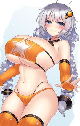 bikini blue_eyes breasts female huge_breasts kizuna_akari long_gloves swimsuit thick_thighs thighhighs twintails vocaloid white_hair