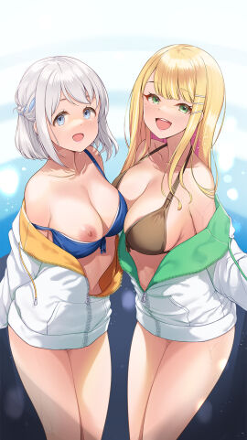 2girls areola_slip bare_legs bikini bikini_top_only bikini_under_clothes blonde_hair blue_bikini blue_eyes blue_ribbon braid breasts brown_bikini cleavage collarbone female front-tie_bikini_top front-tie_top gakuen_idolmaster grey_hair hair_ornament hair_ribbon hairclip half_up_braid halterneck highres hood hooded_jacket idolmaster jacket jacket_over_swimsuit jacket_partially_removed katsuragi_lilja kimi_to_semi_blue_(idolmaster) large_breasts light_blush long_hair looking_at_viewer mk_(mod0) multiple_females multiple_girls nipples off_shoulder open_mouth outdoors ribbon ribbon_braid shiun_sumika short_hair sidelocks straight_hair swimsuit two-sided_fabric two-sided_jacket wet white_jacket