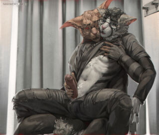 2024 ambiguous_species anthro biped black_hair bottomwear clothed clothing clothing_lift countershade_face countershade_torso countershading domestic_cat duo erection eyewear felid feline felis genitals glans glasses grey_body hair handjob humanoid_genitalia humanoid_penis inner_ear_fluff inside looking_pleasured male male/male mammal multicolored_body nikkimory open_bottomwear open_clothing open_mouth open_pants pants partially_clothed penile penis pink_nose round_glasses sex shirt shirt_lift short_hair sitting_on_another tan_body tan_hair topwear tuft two-tone_body white_body