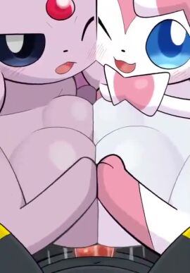 1boy 2girls animal_genitalia animated big_breasts boobjob breasts collaborative collaborative_sex cum double_paizuri eeveelution espeon furry furry_female group group_sex paizuri pokemon pokemon_(species) pokephilia sateco sylveon tagme tapering_penis umbreon video
