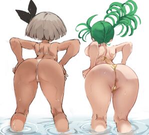 2girls anus anus_peek ass asymmetrical_hair bea_(pokemon) bikini black_hairband crossover curly_hair dark-skinned_female dark_skin female female_only from_behind game_freak gold_bikini golden_bikini green-haired_female green_hair grey-haired_female grey_hair hairband hands_on_own_hips hi_res highres human leaning_forward multiple_females multiple_girls nintendo official_alternate_hairstyle one-punch_man pokemon pokemon_ss rakeemspoon short_hair string_bikini swimsuit tatsumaki twintails wading water wet white_background white_bikini yellow_bikini