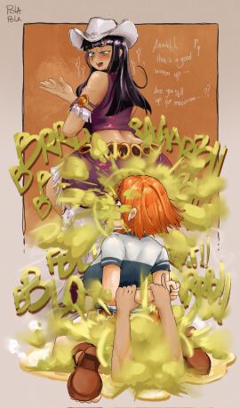 2girls akuma_no_mi black-haired_female black_hair blush bondage cat_burglar_nami clothing devil_fruit fart fart_cloud fart_eating fart_everywhere fart_fetish fart_focus farting farting_in_face farting_on_another farting_on_face farts feeding_farts female female_only flower_flower_fruit forced_kneeling ginger ginger_female ginger_hair hana_hana_no_mi light-skinned_female light_skin miss_all_sunday nami_(one_piece) nico_robin omorashi one_piece peeing peeing_on_floor peeing_self piss_play piss_soaked_clothes pissing_on_floor pissing_self polapolabianda shonen_jump wetting wetting_self