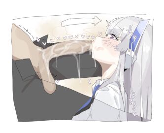 1boy 1girls blue_archive cute fellatio female half-closed_eyes heart leebo_(leeboxxx) leebongchun long_hair male mechanical_ears millennium_science_school_student noa_(blue_archive) oral penis purple_eyes saliva saliva_on_penis seminar_(blue_archive) sidelocks simple_background tagme white_background white_hair