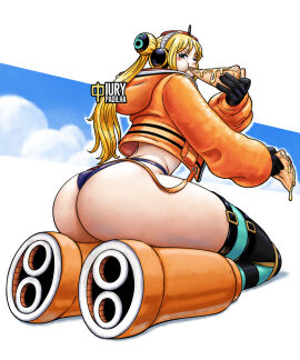 1girls ass big_ass black_gloves black_headphones blonde-haired_female blonde_hair blue-eyed_female blue_eyes blue_thong blush_stickers boots eating eating_pizza eyebrows eyelashes female female_only fit fit_female freckles freckles_on_face gloves headphones iury_padilha jacket jacket_open kneeling long-haired_female long_hair looking_at_viewer looking_back one_piece one_piece:_egghead_arc open_jacket orange_boots orange_clothing orange_jacket pizza purple_panties slim_waist solo stockings striped_stockings thighhighs thong twintails vegapunk_york voluptuous voluptuous_female watermark