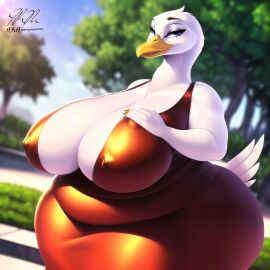 2023 ai ai_generated avian belly big_belly big_breasts breasts chubby chubby_female female goose looking_at_viewer mommy nipples overweight overweight_female slightly_chubby slightly_chubby_female tail thepyromancerfox