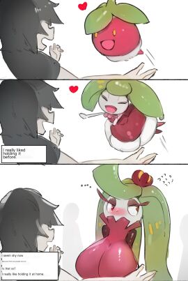 big_breasts blushing bounsweet breasts evolution_(transformation) female humanoid manga_page menyang pokemon pokemon_(species) steenee tagme transformation translated tsareena