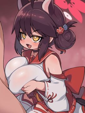 1boy ahoge animal_ears animated animated_gif archived_source blue_archive blush breasts brown_hair choker clothed clothed_female_nude_male clothed_paizuri clothes clothing covered_paizuri detached_sleeves drawfag engulfing_paizuri female gif hair_between_eyes hair_bun hair_ornament hair_ribbon hakama hakama_short_skirt hakama_skirt halo happy_paizuri japanese_clothes kaede_(blue_archive) large_breasts male nude oerba_yun_fang open_mouth paizuri perpendicular_paizuri pleated_skirt red_hakama red_halo red_sailor_collar red_skirt ribbon ribbon-trimmed_sleeves ribbon_trim sailor_collar short_hair single_side_bun skirt smile straight thighhighs white_thighhighs yellow_eyes