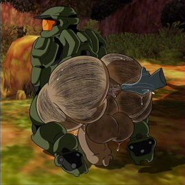 anal_juice anus ass disembodied_hand hairy_ass halo_(series) hand_on_ass hand_on_butt huge_ass male master_chief on_knees possbooty presenting_hindquarters rimjob saliva_string vhs_filter