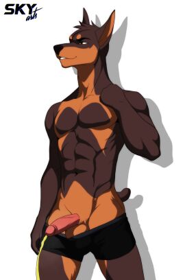 abs anthro bodily_fluids bottomwear canid canine canis clothing digital_drawing_(artwork) digital_media_(artwork) dobermann domestic_dog genital_fluids genitals hi_res humanoid_genitalia male mammal peeing penis pinscher shirtless shirtless_anthro shirtless_male shorts simple_background skyarts solo solo_focus urine urine_stream
