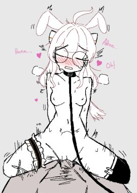 1girls blush breasts bunny_ears bunny_girl closed_eyes collar cowgirl_position dialogue english english_text female female_focus garter_belt garter_straps heart leash legwear light_skin male panting partial_male pixel_art shigura_akegi shrailey shyrail3 small_breasts steam_clouds stomach_bulge sweat virtual_youtuber vtuber