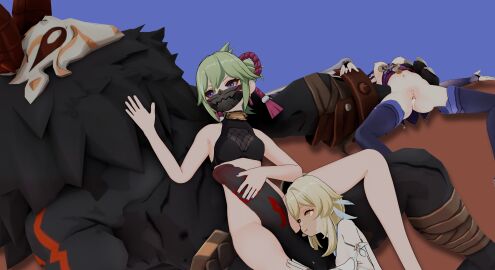 after_sex cum_in_pussy genshin_impact handjob kuki_shinobu lumine_(genshin_impact) mitachurl raiden_shogun size_difference