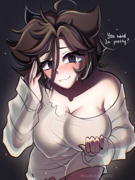 big_breasts black_eyes brawl_stars breasts brown_hair colette_(brawl_stars) crying cuckoo_colette_(brawl_stars) cute female ghost looking_at_viewer luchikki nipples_visible_through_clothing smile white_shirt