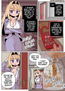 1girls arms_under_breasts blonde_hair cleavage color comic crossed_arms disguise drinking_glass ellie_(impunderneath) ellie_skinsuit english_text female genderswap genderswap_(mtf) imposter impunderneath long_hair male_in_female_body office office_lady original original_character perfect_disguise possessed possession purple_eyes skinsuit