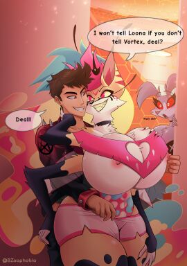 4_arms absurd_res anthro areola arthropod ass bee big_ass big_breasts big_butt breasts bzoophobia canid canid_demon canine caught caught_cheating cheating cheating_girlfriend cheating_husband clothed clothing demon detailed_background digital_media_(artwork) duo female fennec focus fox fur group hand_on_breast hand_on_nipples hellhound helluva_boss hi_res huge_ass huge_breasts huge_butt human hymenopteran insects male male/female mammal multi_arm multi_limb mythological_canine mythological_creature mythology queen_bee-lzebub_(helluva_boss) shocked smile smirk tail thick_thighs true_fox wide_hips wings yellow_body