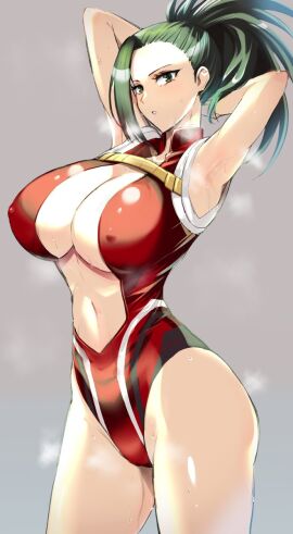 1girls arms_up ass big_ass big_breasts black-haired_female black_hair blush breasts closed_mouth creati female female_focus female_human female_only hand_on_hip hero_outfit_(mha) hourglass_figure human kumakichi_(cost-lost) large_breasts leotard light-skinned_female light_skin long_hair looking_at_viewer momo_yaoyorozu my_hero_academia navel nipple_bulge ponytail red_leotard simple_background slim_waist solo solo_female solo_focus superheroine sweat thick_thighs wide_hips