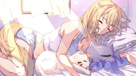 animal_ears bangs bare_legs bare_shoulders barefoot bed bed_sheet blonde_hair breasts camisole cleavage closed_eyes closed_mouth collarbone curtains eyebrows_visible_through_hair feline female indoors long_hair lying midriff on_side panties pillow sleeping solo squchan_(vtuber) tail tank_top underwear virtual_youtuber vyugen window