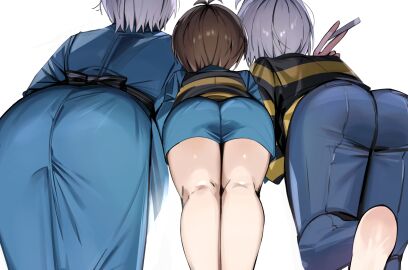 3boys aged_up ass ass_focus big_ass brown_hair bubble_ass bubble_butt dual_persona father_and_son fully_clothed gegege_no_kitarou getakichi japanese_clothes kimono kitarou kitarou_tanjou_gegege_no_nazo male male_only medama_oyaji_(human) parent_and_child rear_view shorts time_paradox white_hair