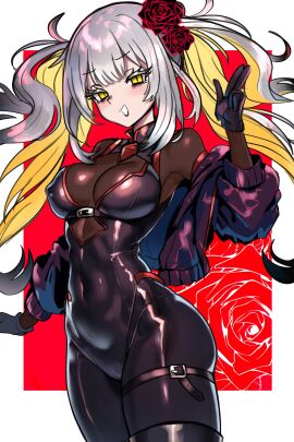 1girls bodysuit breasts ebora fate/grand_order fate_(series) female gloves grey_hair high_resolution large_breasts latex light-skinned_female light_skin long_hair marie_antoinette_(alter)_(fate) naughty_face thick_thighs tight_clothing twintails white_hair yellow_eyes youngmanisdown