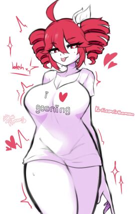 1girls 2d 2d_(artwork) ahoge artist_name big_breasts big_thighs bottomless breasts cleavage clothed clothed_female clothing curvaceous curvy curvy_female curvy_figure english_text female female_only hair_ornament hairbow heart heart-shaped_pupils hearts_around_body hearts_around_head hourglass_figure huge_breasts huge_thighs irthnmoon kasane_teto kasane_teto_(sv) large_breasts large_thighs meme oversized_clothes oversized_shirt red_eyes red_hair see-through see-through_clothing shirt simple_background slim_waist solo solo_female sweat sweating synthesizer_v text thick_thighs thighs tongue tongue_out tremble_spikes trembling twin_drills utau voluptuous voluptuous_female white_background wide_hips
