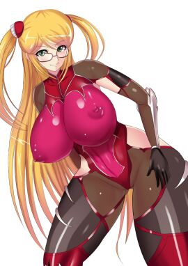 action_taimanin artist_request blonde_hair bodysuit breasts covered_erect_nipples female glasses green_eyes highres huge_breasts kagerou_(artist) kosaka_shizuru leotard long_hair red_bodysuit simple_background taimanin_(series) taimanin_rpgx taimanin_suit taimanin_yukikaze twintails very_long_hair white_background wide_hips