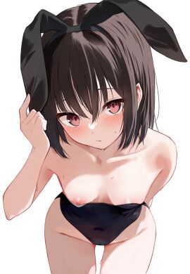 1girls absurdres animal_ears black_hairband black_leotard blush breasts brown_eyes brown_hair closed_mouth collarbone covered_navel downblouse fake_animal_ears female from_above hairband hand_up highres leaning_forward leotard long_hair looking_at_viewer medium_breasts memekko nipple_slip nipples no_bra one_breast_out original playboy_bunny rabbit_ears simple_background solo standing strapless strapless_leotard sweat white_background