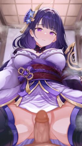 1boy absurdres armor asymmetrical_sleeves blue_pupils blunt_bangs blur_censor blurry blurry_background braid breasts bridal_gauntlets censored closed_mouth cowgirl_position embarrassed fan_hair_ornament female flower flying_sweatdrops from_below genshin_impact gradient_hair hair_flower hair_ornament happy_sex head_tilt highres huge_breasts indoors japanese_clothes kimono large_breasts long_braid long_hair looking_at_viewer looking_down male mitsudomoe_(shape) multicolored_eyes multicolored_hair neck_ribbon nervous_sweating no_mole no_panties penis pov purple_eyes purple_flower purple_kimono purple_thighhighs pussy raiden_shogun red_ribbon red_sash ribbon sash shoulder_armor single_braid small_penis solo solo_focus spread_legs steaming_body straight sweat thick_thighs thighhighs thighs tomoe_(symbol) trembling uneven_sleeves welo wide_sleeves