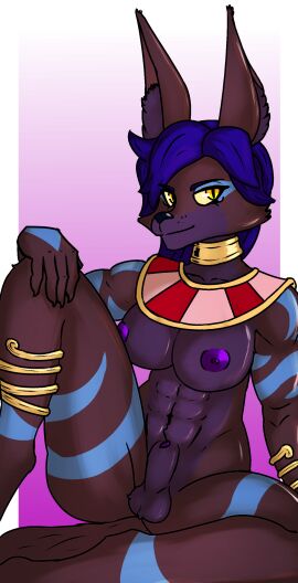 absurd_res african_golden_wolf akiri_(character) animal_genitalia animal_penis anonymous_artist anthro areola balls bandage black_body blue_hair breasts canid canine canine_genitalia canine_penis canis clothing digital_drawing_(artwork) digital_media_(artwork) egyptian egyptian_clothing egyptian_wolf futanari genitals hair hi_res intersex jackal jewelry looking_at_viewer mammal markings muscular nude penis penis_tip purple_areola purple_body purple_penis sheath sitting smile solo yellow_eyes