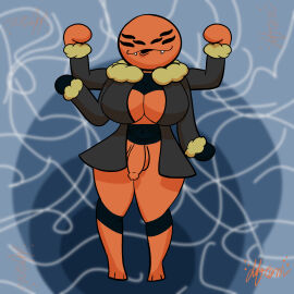 1:1 4_arms anthro arachnid arthropod big_breasts breasts chefrens chefrens_(chefrens) clothed clothing coat fangs female futanari genitals hi_res humanoid intersex multi_arm multi_limb mygalomorph open_mouth orange_body partially_clothed penis simple_background solo spider tarantula teeth thick_thighs topwear