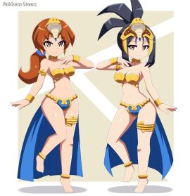 2d 2d_(artwork) 2d_artwork 2girls amber_eyes ankle_cuffs anklet anklets bare_arms bare_legs bare_midriff bare_shoulders bare_thighs barefoot belly_button belly_dancer belly_dancer_outfit black_hair blue_gem blue_gemstone blue_loincloth blue_panties bra bracelet breasts brown_eyes brown_hair cleavage cobra_tiara collar cream_background crossover crossover_cosplay dancer dancer_class dancer_girl dancer_outfit delia_ketchum_(pokemon) dendra_(pokemon) earrings eyelashes female female_only game_freak gem gem_on_forehead gemstone gold_(metal) gold_anklet gold_anklets gold_bra gold_bracelets gold_collar gold_earrings gold_jewelry gold_thigh_ring gold_thighlet gold_tiara golden_anklets golden_bra golden_bracelets golden_collar golden_thigh_ring golden_tiara hair_up harem_girl harem_girls harem_jewelry harem_outfit head_gem highlights_(coloring) light-skinned_female light_skin loincloth long_hair metal_collar midriff navel nintendo overboob patdarux pokemon pokemon_(anime) pokemon_sv ponytail scar shantae shantae_and_the_pirate's_curse short_hair slave slave_bikini slave_collar slave_girl slave_outfit tanline_island thigh_ring thighlet thighlets tiara yellow_earrings