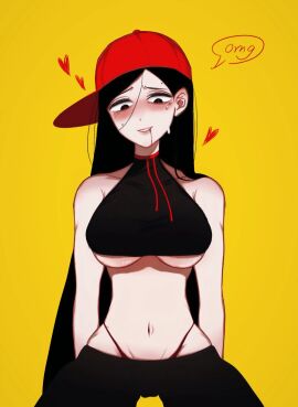 1girls 3_hearts blush_lines blushing breasts butcher_vanity_(synthesizer_v) cameltoe drooling female flavor_foley hair_between_eyes hearts_around_head ku_luo29940 long_black_hair long_hair looking_down omg panties_visible_through_clothing pussy red_baseball_cap red_hat sitting spreading_legs synthesizer_v text_bubble thong underboob vimalion_pro yi_xi_(synthesizer_v)