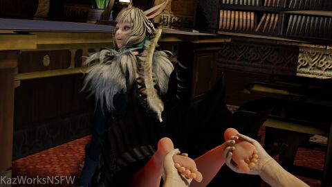 1boy 1boy1girl 1girls 3d 3d_(artwork) 3d_background 3d_model 3d_render 8k clothed feet feet_focus feet_together feet_up female final_fantasy final_fantasy_xiv foot_fetish foot_focus foot_worship hi_res highres holding_feet kazworksnsfw male miqo'te square_enix y'shtola
