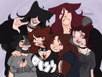 anise_(wonderslug) anthro black_body black_fur black_hair blep blush blush_lines bracelet brother_(lore) brown_body brown_fur brown_hair choker cinnamon_(wonderslug) cleavage_cutout clothing collar coriander_(wonderslug) cross cutout devil_horns_(gesture) droopy_eyes eyebrow_piercing facial_piercing family_portrait fangs female freckles fur gesture grey_highlights hair hair_over_eyes hair_over_one_eye half-closed_eyes hand_gesture highlights_(coloring) hoodie inverted_cross jewelry lip_piercing long_hair male mutton_chops narrowed_eyes nose_piercing nose_ring open_mouth open_smile pepper_(wonderslug) piercing purple_background ring_piercing rosemary_(wonderslug) sage_(wonderslug) shirt sibling_(lore) simple_background sisters_(lore) slightly_chubby slightly_chubby_anthro slightly_chubby_female smile snakebite_piercing spiked_collar spikes stubble stud_piercing studded_bracelet studded_collar studs t-shirt teeth tongue tongue_out tongue_piercing topwear trans_woman transfem wonderslug_(artist)