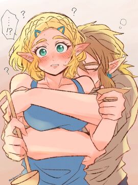 1boy 1girls aorin arm_under_breasts arms_around_waist big_breasts blonde_hair blush breast_squeeze breast_squish breasts closed_eyes elf elf_ears elf_female embarrassed embarrassed_female embrace female hugging link link_(tears_of_the_kingdom) male princess_zelda question_mark sleeveless_shirt tears_of_the_kingdom the_legend_of_zelda wholesome zelda_(tears_of_the_kingdom)