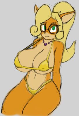 1girls anthro axelarion bandicoot big_breasts bikini blonde_hair breasts breasts_bigger_than_head busty cleavage coco_bandicoot crash_(series) female female_only furry glasses gold_bikini green_eyes hi_res large_breasts looking_at_viewer navel necklace ponytail sensual solo thong_bikini