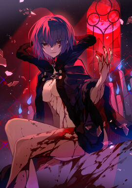 absurdres blood_on_body blood_on_hands blue_cloak blue_hair breasts candle chinese_commentary ciel_(tsukihime) cloak commentary_request feet_out_of_frame female glass_shards highres indoors large_breasts looking_at_viewer male male_in_female_body michael_roa_valdamjong naked possessed possession red_eyes red_light revealing_clothes roa-ciel second-party_source short_hair sitting smile solo stained_glass tsukihime tsukihime_(remake) window youling_keke