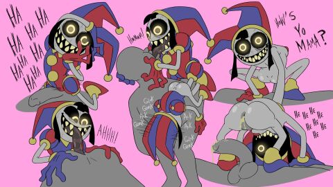 1boy 1girls 2024 2d anal anal_sex anilingus anilingus_from_female anon ass baron_theodore_mildanhall blowjob creepy creepy_smile cum cum_in_ass cum_inside dialogue english english_dialogue english_text fellatio female french_kiss french_kissing glitch_productions glowing_eyes grinding_on_penis jester jester_hat jester_outfit jones_boi kissing male male/female motion_lines nightmare_waifu oral oral_sex penis pink_background pomni_(the_amazing_digital_circus) possessed possessed_pomni possession rimjob rimming rimming_male sharp_teeth simple_background smile teeth text the_amazing_digital_circus