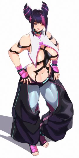 1girls black_hair blush bracelet breasts collar eyes_visible_through_hair feet female fingerless_gloves full_body gloves hair_horns hands_on_own_hips jewelry juri_han large_breasts looking_at_viewer monoi_daru navel one_eye_covered pants smile spiked_bracelet spiked_collar spikes street_fighter street_fighter_6 sukai_222 toeless_legwear white_background