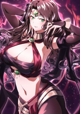 1girls absurdres alternate_costume armpits bracelet breasts brown_hair choker cleavage closed_mouth dancer dorothea_arnault dorothea_arnault_(plegian) female female_only fire_emblem fire_emblem:_three_houses fire_emblem_heroes green_eyes hands_up hat highres jewelry large_breasts long_hair looking_at_viewer navel nintendo official_alternate_costume plegian revealing_clothes smile solo stomach to_(tototo_tk) two-tone_background