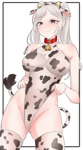 1girls alternate_costume animal_ear_hairband animal_ears animal_print ass_visible_through_thighs bell breasts brown_eyes closed_mouth covered_navel cow_bell cow_ears cow_girl cow_horns cow_print eyelashes fake_animal_ears fake_tail female female_only fire_emblem fire_emblem_awakening hairband headband inset_border large_breasts leotard long_hair neck_bell nintendo print_leotard print_thighhighs robin_(fire_emblem) robin_(fire_emblem)_(female) serafineart1001 simple_background skindentation smile solo standing tail thighhighs twintails white_background white_hair