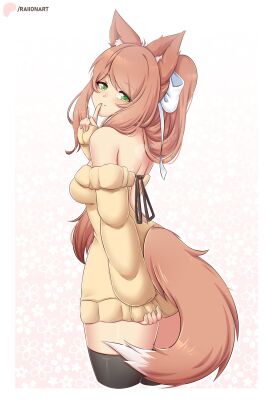 bare_legs bare_shoulders bare_thighs breasts brown_hair doki_doki_literature_club female fox_ears fox_girl fox_tail furry_ears furry_tail green_eyes hair_between_eyes hair_ribbon long_hair medium_breasts monika_(doki_doki_literature_club) raionart sideboob teenager thighhighs tied_hair