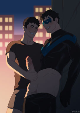 balls bara batman_(series) big_balls big_penis blush clothing conner_kent dc dc_comics dick_grayson erection gay handjob kon-el male male/male male_only masked masturbation muscular muscular_male nightwing penis public public_sex superboy superboy_(conner_kent) tight_clothing yaoi young_justice zhadoiz