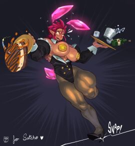 1girls ali_(sotcho) arm_sleeves big_breasts black_footwear black_leotard breasts breasts_out bunnysuit cake coin detached_sleeves female female_only food gattles hi_res high_heels leotard looking_at_own_breasts muscular muscular_female muscular_thighs nervous nipple_pasties original pantyhose pasties plate playboy_bunny pointy_ears red_hair simple_background slip solo standing surprised thick_thighs tray wardrobe_malfunction worried worried_expression