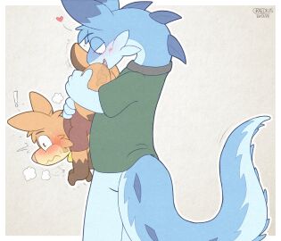 2024 anal anthro anthro_only ass back_spikes big_dom_small_sub blue_body blue_fur blue_markings blue_spikes blush bodily_fluids brown_body brown_fur carrying_another carrying_partner cheek_tuft chillet clothed clothing dominant duo exclamation_point facial_tuft fuddler fur gay graedius_(artist) green_clothing green_shirt green_topwear internal long_tongue male male/male male_rimming_male mammal markings motion_lines mustelid narrowed_eyes open_mouth oral pal_(species) palworld partially_clothed pocketpair rimming rimming_male sex shirt side_view simple_background size_difference spikes spikes_(anatomy) standing steam surprised sweat tail tail_motion tailwag tibby_(zandermanith) tolby_(zandermanith) tongue topwear tuft wide_eyed