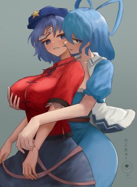 2girls big_breasts blue_eyes blue_hair boob_window breasts clothed_female female grabbing_breast grey_background hat jiangshi light-skinned_female light_skin mature_female moriforest1040 seiga_kaku sharp_teeth touhou yoshika_miyako yuri zombie_girl