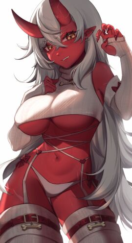 1girls akumi arm_strap bandages bare_shoulders belt big_breasts breasts choker cleavage elbow_gloves eyebrows_visible_through_hair female fingernails gloves hair_between_eyes horns jewelry large_breasts long_hair looking_at_viewer navel necklace oni oni_horns panties parted_lips pointy_ears red-skinned_female red_gloves red_oni red_skin scars sharp_fingernails silver_hair solo thigh_strap thighhighs underwear underwear_only very_long_hair virtual_youtuber vyugen white_background white_hair white_panties yellow_eyes yoclesh