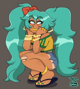 1girls anklet ass bikini brazil brazilian brazilian_female brazilian_miku breasts crouching crouching_female cyan_eyes cyan_hair dopeisnukat feet female female_only gold_jewelry gold_lipstick green_eyes green_hair hatsune_miku latin_american_hatsune_miku_(meme) long_hair looking_at_viewer painted_toenails sandals sfw shirt shorts solo solo_female tagme tan tan_body tan_skin thighs thong toe_ring toes twintails vocaloid yellow_shirt