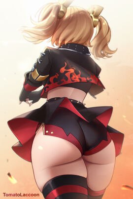 1girls ass black_jacket black_shorts black_skirt black_thighhighs blonde_hair burnice_white crop_top female from_behind highres jacket midriff mihoyo miniskirt short_hair short_shorts shorts shorts_under_skirt skirt solo standing thighhighs thighs tomatolaccoon two_side_up zenless_zone_zero