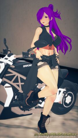 1girls 3d alternate_version_available bare_arms bare_legs bare_midriff bike_shorts biker boots breasts choker cleavage crop_top ducati_motor_(company) female female_only fire_emblem fire_emblem:_three_houses fire_emblem_warriors:_three_hopes full_body hair_over_one_eye jollyoldsoldier large_breasts legs light-skinned_female light_skin long_hair looking_at_viewer motorcycle navel navel_piercing nintendo open_mouth piercing purple_eyes purple_hair shez_(fire_emblem) shez_(fire_emblem)_(female) short_shorts shorts solo standing torn_clothes very_long_hair