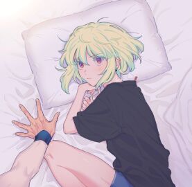 2boys androgynous blonde_hair blush bob_cut clothing embarrassed femboy femboy_focus fully_clothed galo_thymos gay lio_fotia male on_bed oversized_clothes petite petite_body petite_male pov promare questionable short_hair slim slim_male slim_waist solo_focus twink yaoi